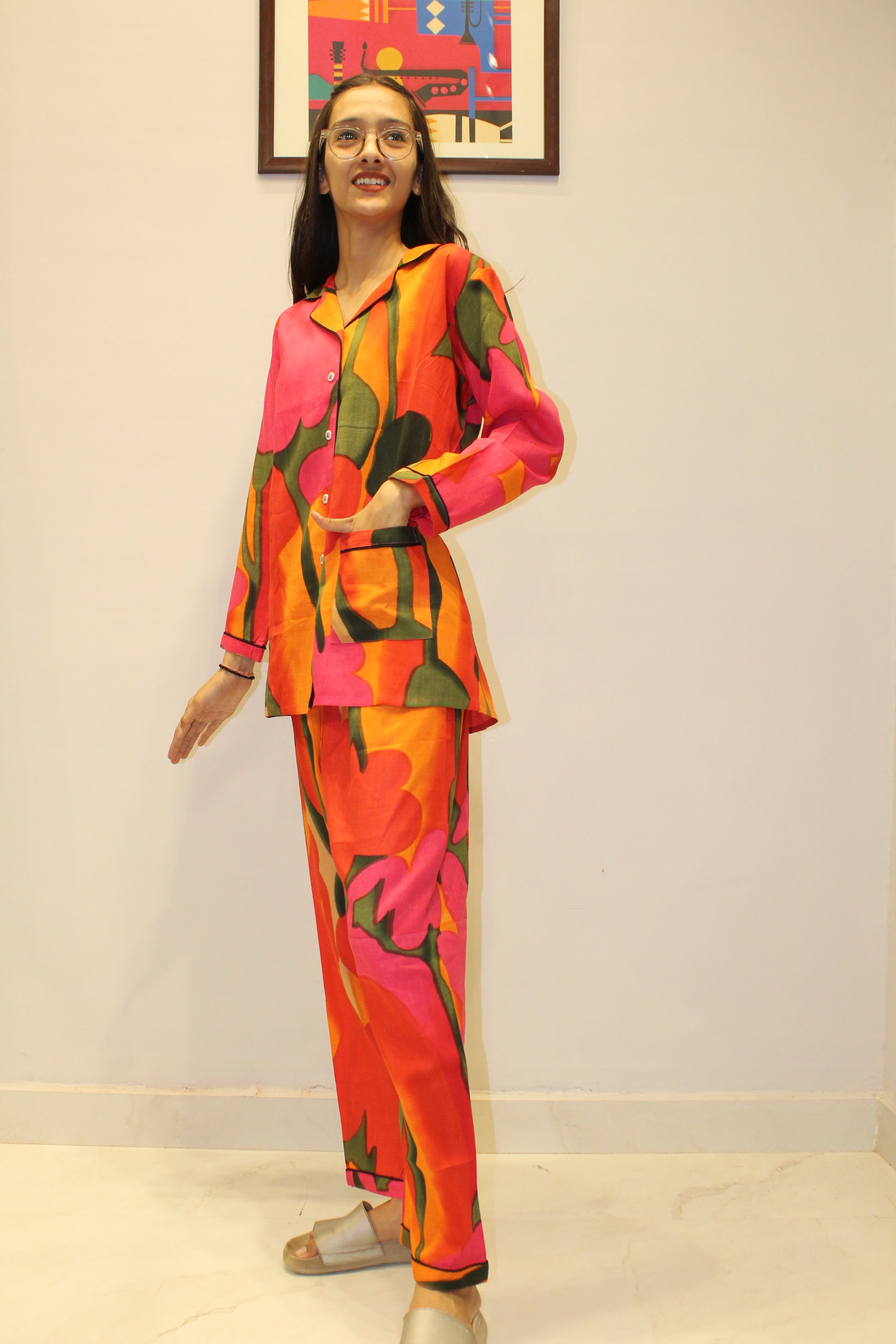 Bold Bloom Handblock Printed Cotton Night Suit Set for Women