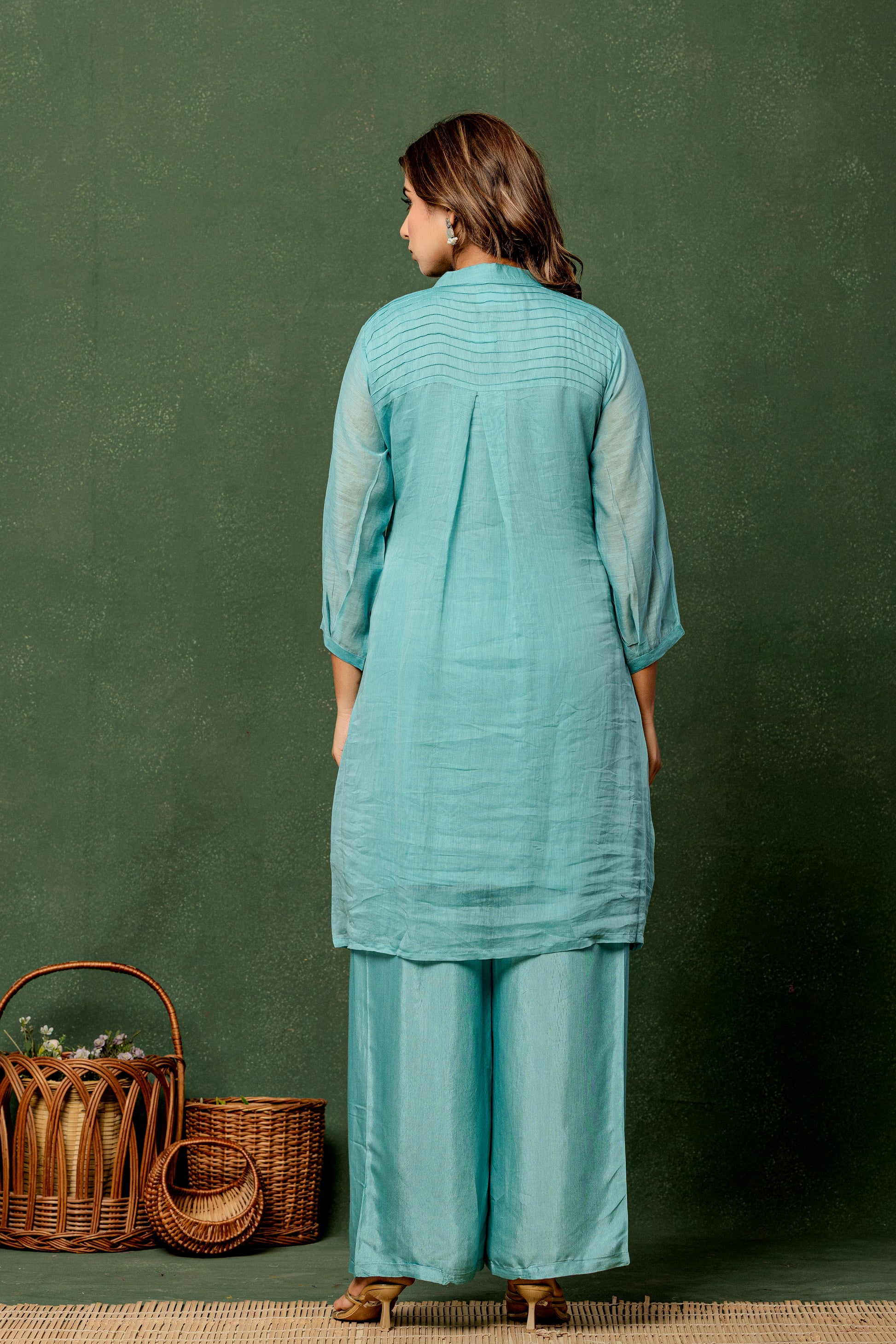 Aqua Floral Embroidered Kurta Set | Women’s Festive & Casual Palazzo Outfit