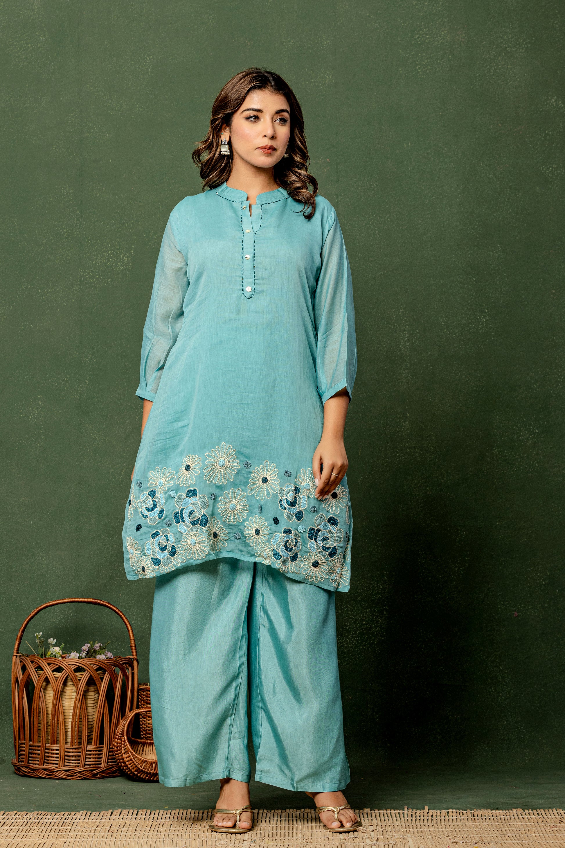 Aqua Floral Embroidered Kurta Set | Women’s Festive & Casual Palazzo Outfit