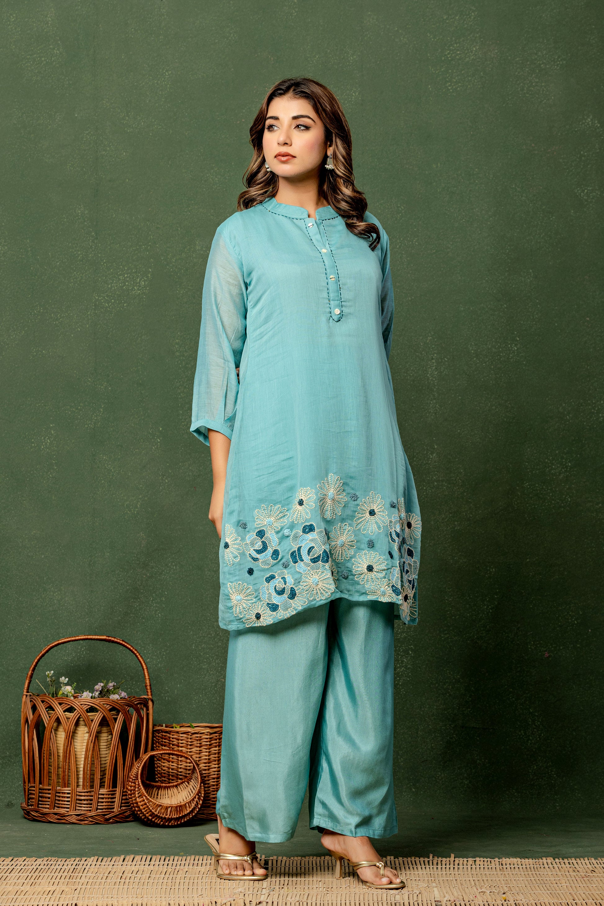 Aqua Floral Embroidered Kurta Set | Women’s Festive & Casual Palazzo Outfit