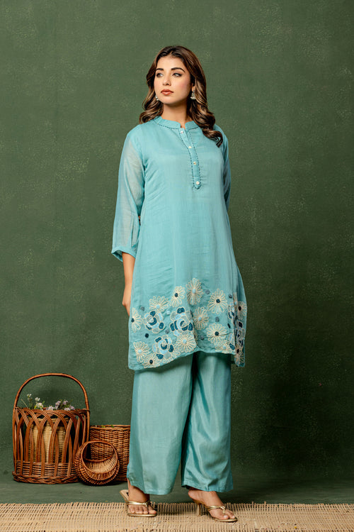 Aqua Floral Embroidered Kurta Set | Women’s Festive & Casual Palazzo Outfit