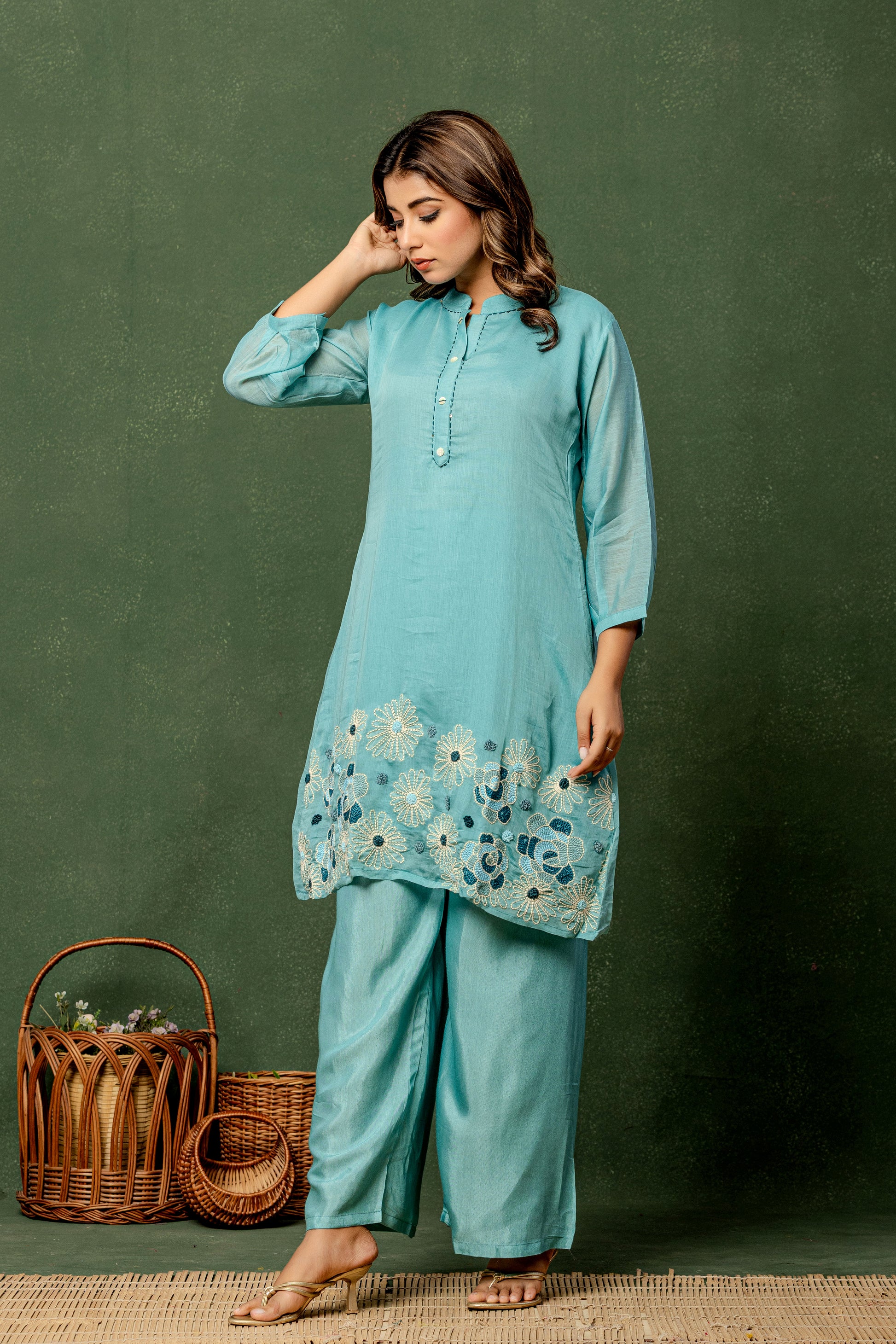 Aqua Floral Embroidered Kurta Set | Women’s Festive & Casual Palazzo Outfit