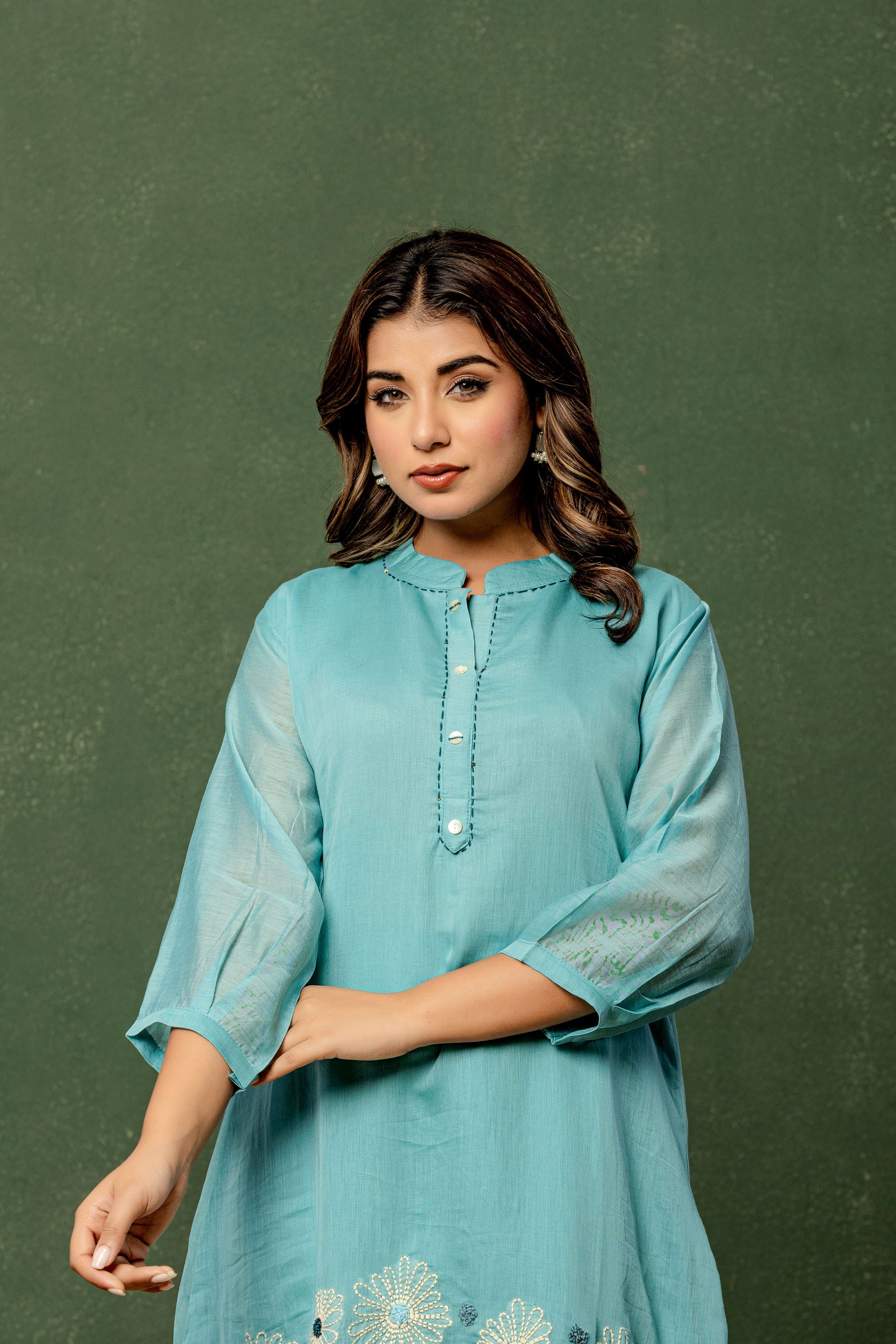 Aqua Floral Embroidered Kurta Set | Women’s Festive & Casual Palazzo Outfit