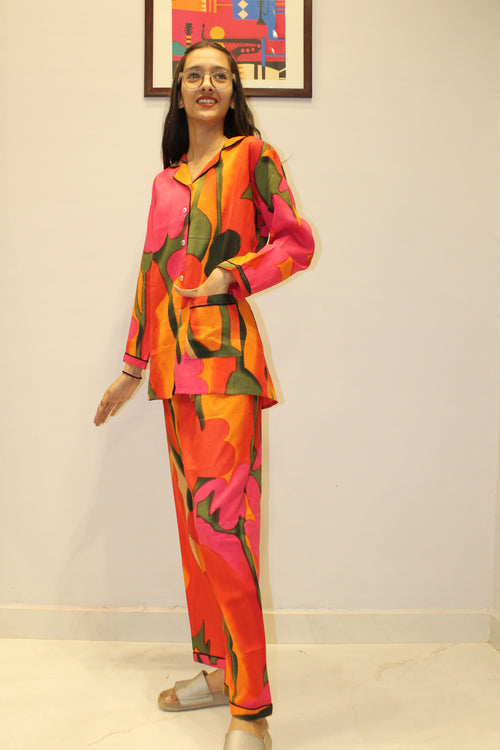 Bold Bloom Handblock Printed Cotton Night Suit Set for Women
