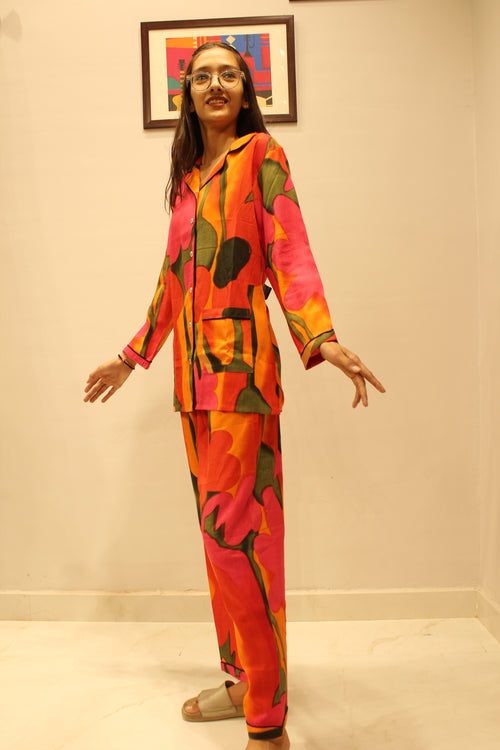 Bold Bloom Handblock Printed Cotton Night Suit Set for Women