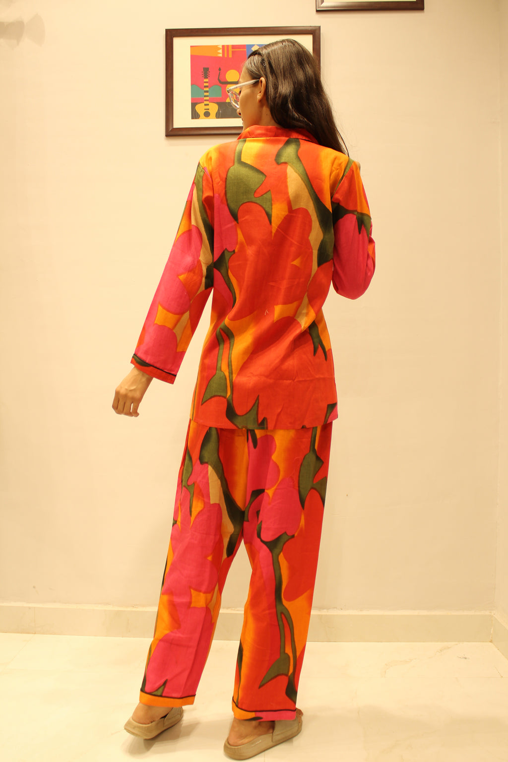 Bold Bloom Handblock Printed Cotton Night Suit Set for Women